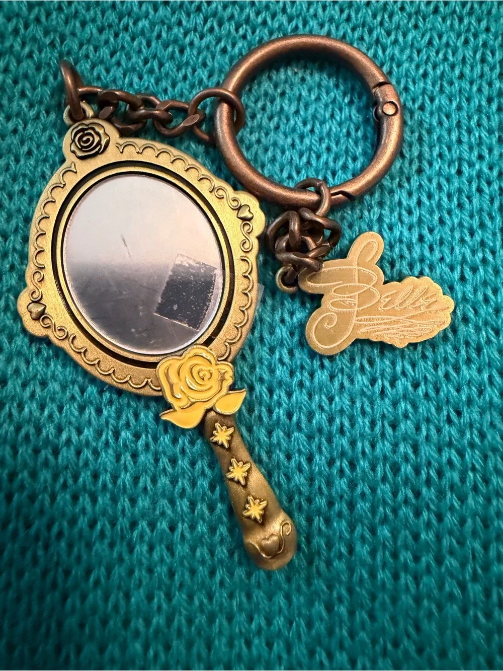 Disney Belle Gold-Tone Mirror Keychain Bag Charm with Yellow Rose Accent